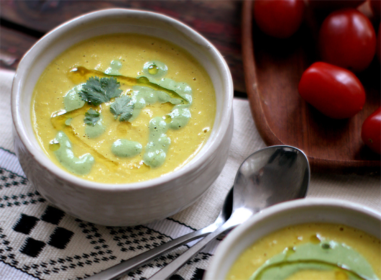 CORN CASHEW CHOWDER WITH CORRIANDER CREAM